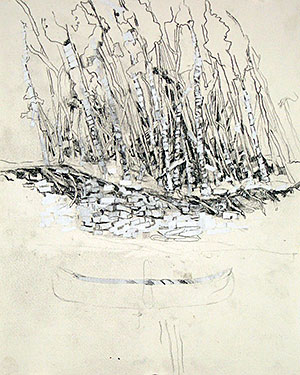 Birch Boat by Karen Cleveland: Graphite/ whiteout tape on paper